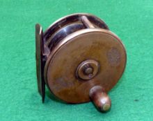 REEL: Hardy all brass Birmingham plate wind reel, 2.5" diameter, Rod in Hand and oval logos to