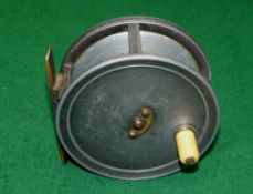 REEL: Pape of Newcastle 4.25" alloy wide drum salmon fly reel, ivorine handle, heavy brass telephone