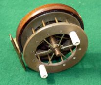 REEL: Fine early Allcock Coxon wood back Aerial reel, 3.5" diameter, wide drum model, twin tapered