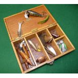 ACCESSORIES: (Qty) A post war Hardy Spintac oak lure box, 8"x5"x3", hinged lid opens to show a