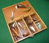 ACCESSORIES: (Qty) A post war Hardy Spintac oak lure box, 8"x5"x3", hinged lid opens to show a