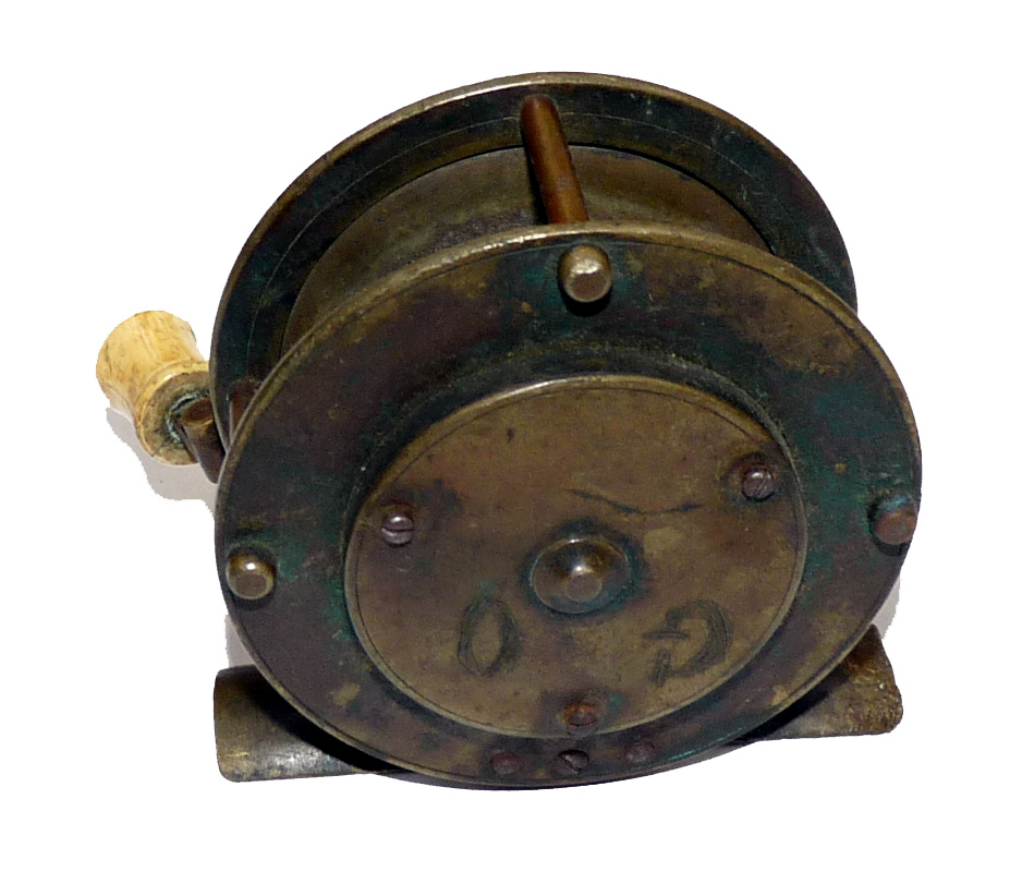 REEL: Early J Jones Maker brass folding handle winch, 3" diameter with raised check housing, scratch - Image 2 of 2