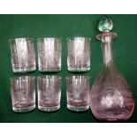 GLASSWARE: (7) Set of 6 engraved crystal whiskey glasses/tumblers 4" tall, and matching decanter 10"
