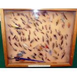 FLIES: Framed/glazed display of mainly salmon flies in single/double hook formats, assorted