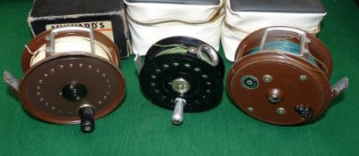 REELS: (3) Collection of 3 Milward fly reels by JW Young, pair of 4" Flyranger FWD Reels, brown