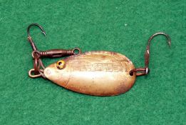LURE: Rare Gregory Norwich spoon 1.75" long, scale finish with amber glass eye in brass clasp,
