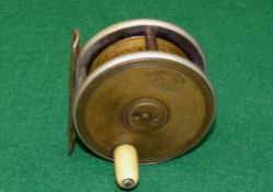 REEL: Hardy ebonite/brass 2.5" early trout fly reel, rare small size, white handle, and Hardy oval