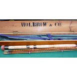 ROD & BOX: (2) Holbrow of London 14' 3 piece split cane salmon fly rod, short extra tip, bronze