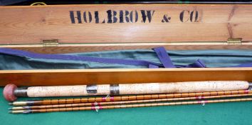 ROD & BOX: (2) Holbrow of London 14' 3 piece split cane salmon fly rod, short extra tip, bronze