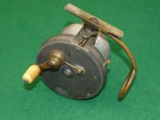 REEL: Scarce Malloch Patent multiplier side casting reel, 4" diameter, off set shaped brass crank