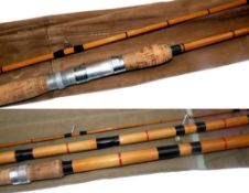 RODS: (2) Good unnamed 8' 2 piece split cane spinning rod, black space whipped guides, red agate