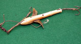 LURE: Fine early 19th century turned ivory? fishing lure, 3.5" body with brass riveted fins,