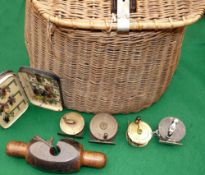 CREEL, REELS & ACCESSORIES: Early willow fly fisher's creel, Victorian date stamp to metal hasp,