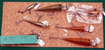 LURES: Collection of 7 Percy Wadham celluloid lures, 1 x Land-em Loach in maker's packet, 5 x