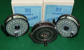 REELS: (3) Hardy Uniqua 3 3/8" alloy trout fly reel, Duplicated Mk2 check, telephone latch,