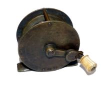 REEL: Early J Jones Maker brass folding handle winch, 3" diameter with raised check housing, scratch