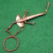 LURE: Early Patent Gregory Cleopatra bait, 2" silver body with pressed eyes, gimp twin hook rig with
