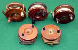 REELS: (5) Good collection of 5 wood/brass Nottingham reels, 4 x starback models, 2 with Slater drum