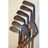 8x assorted irons to incl Knights Ltd Special mussel back mashie, Tom Drummond Aberdeen jigger,