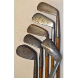 6x various irons to incl Gold Medal niblick, McNab diamond back iron stamped Gourlay, flanged bottom