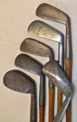 6x various irons to incl Gold Medal niblick, McNab diamond back iron stamped Gourlay, flanged bottom