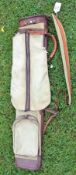 Leather and canvas oval golf bag c/w with folding travel hood/pocket, ball pocket, replaced