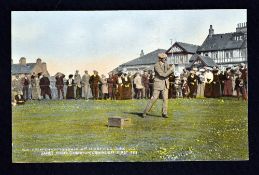 Rare 1906 James Braid Defending Open Golf Champion coloured postcard - showing Braid driving off