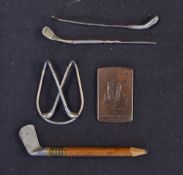 Various Golfing Curiosities to include a money clip, golf club pencil, PSOBGA small plaque, plus two