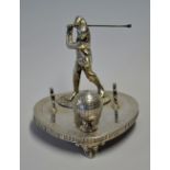 Fine Silver plate golfing desk tidy - comprising Vic Golfer, Gutty golf ball inkwell and pen