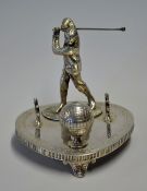 Fine Silver plate golfing desk tidy - comprising Vic Golfer, Gutty golf ball inkwell and pen