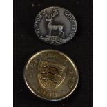 2x white metal golf buttons to incl 1904 West Essex Golf Club engraved on the back "Monthly Medal-