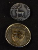 2x white metal golf buttons to incl 1904 West Essex Golf Club engraved on the back "Monthly Medal-