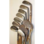 10x various mainly mashie and m/niblick irons to incl L/B flanged bottom stainless m/niblick,