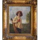 Lady Golfer holding a golf bag and club c.1920/30 - oil on canvas - image 17"x 13" in period gilt