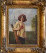 Lady Golfer holding a golf bag and club c.1920/30 - oil on canvas - image 17"x 13" in period gilt