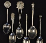 6x early 20thc interesting and decorative silver golfing tea spoons - with golf club and golf ball