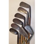 8x various irons to incl a Harrods London wide flanged sole niblick, 3x m/niblicks by Spalding and