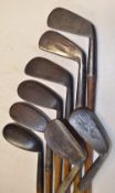 8x various irons to incl a Harrods London wide flanged sole niblick, 3x m/niblicks by Spalding and