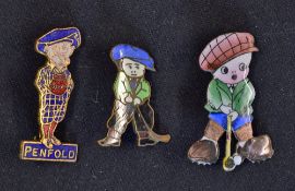 3x Enamel Golf Badges to include red and blue Penfold man together with two child golfers (one