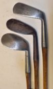 3x R Forgan & Son St Andrews Crown model irons to incl a mashie, m/niblick with Tom Stewart Pipe