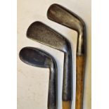 3x early interesting irons to incl Fairlies Pat anti-shank small oval head niblick, Geo Duncan