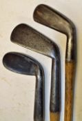 3x early interesting irons to incl Fairlies Pat anti-shank small oval head niblick, Geo Duncan