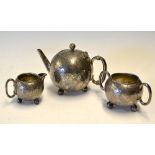 Silver plated dimple golf ball tea set - comprising tea pot, sugar and cream depicting golf balls to