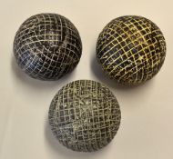 3x unnamed mesh gutty golf balls - all used and showing various degrees of strike marks