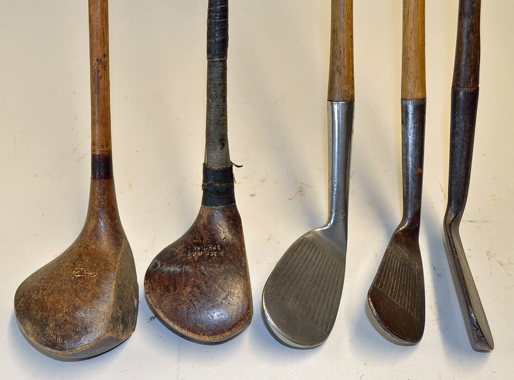 5x Tom Morris St Andrews irons and woods to incl fine Tom Morris Portrait stainless mashie