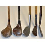 5x Tom Morris St Andrews irons and woods to incl fine Tom Morris Portrait stainless mashie