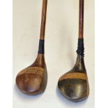 2x good sized brassie woods to incl both with striped tops one stamped Charles F White Burhill GC