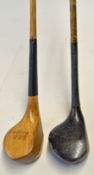 2x scare head lofted woods to incl W Fernie light stained beech wood spoon with full wrap over brass