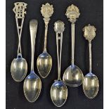 6x Early 20th Century Silver Golf Spoons all with golf club motifs to top, Worlebury, Gorleston on