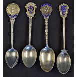 4x Silver and Enamel Golf Spoons including LTTGS, 1938 DTGC, The Royal Hong Kong GC 1952 and Halfa